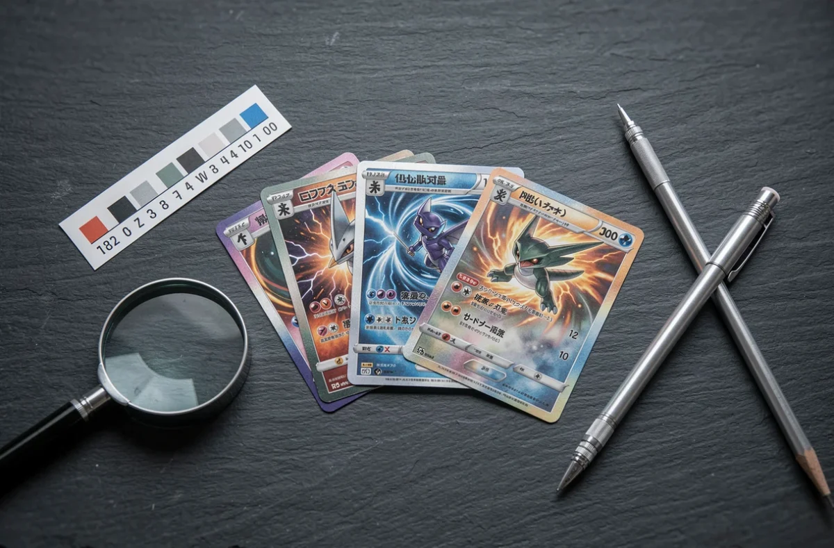 Vue de dessus de cartes Pok&eacute;mon Foudre Noire et Flamme Blanche dispos&eacute;es en &eacute;ventail sur une ardoise avec outils de collection