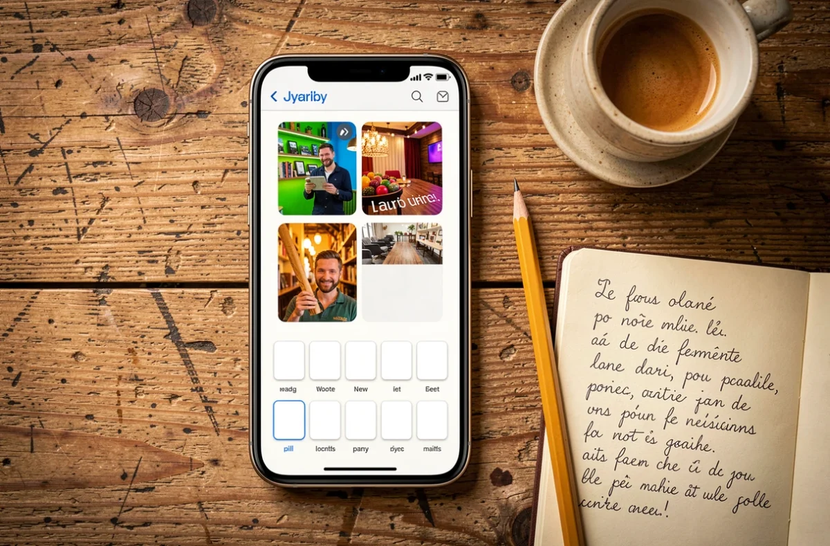 Vue de dessus d'un smartphone affichant un jeu 4 images 1 mot avec carnet de notes et caf&eacute;