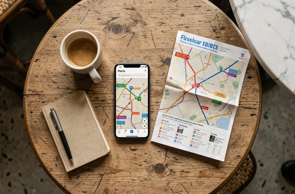 Vue de dessus d'un smartphone avec carte des bus de Paris sur une table de caf&eacute; avec carte papier RATP