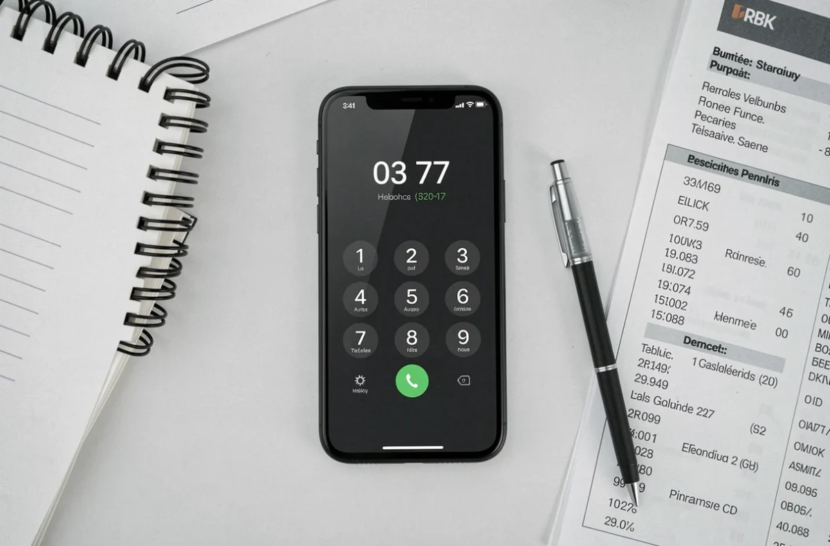 Vue du dessus d'un smartphone affichant un num&eacute;ro 03 77 pos&eacute; sur un bureau avec un r&eacute;pertoire t&eacute;l&eacute;phonique et un carnet