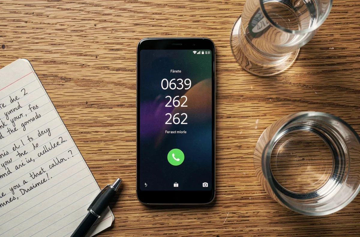 Vue de dessus d'un smartphone affichant un num&eacute;ro inconnu 0639 262 avec un carnet de notes sur un bureau en bois