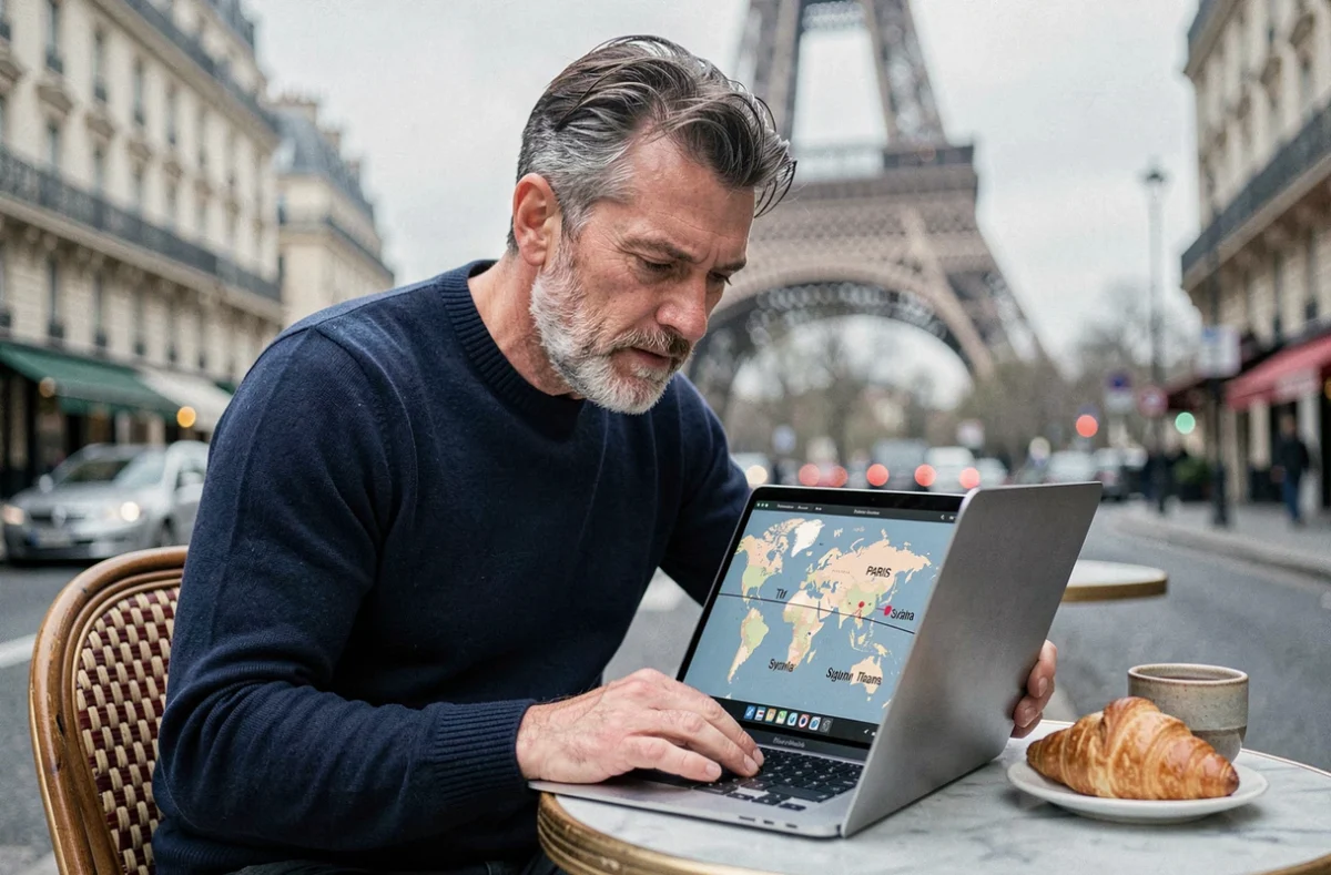 Homme consultant un fuseau horaire mondial sur ordinateur portable dans un caf&eacute; parisien avec la tour Eiffel en arri&egrave;re-plan