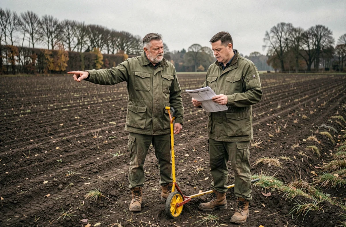 Deux géomètres sur un terrain agricole labouré consultant un tableau de conversion hectares mètres carrés