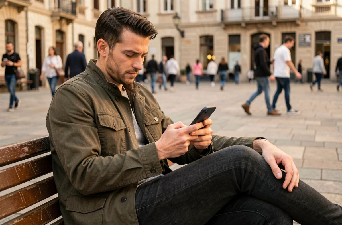 Jeune homme g&eacute;rant son acc&egrave;s Govioz sur smartphone en milieu urbain
