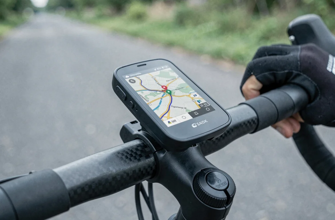 GPS de vélo fixé sur le guidon affichant une trace et des waypoints en cours de navigation