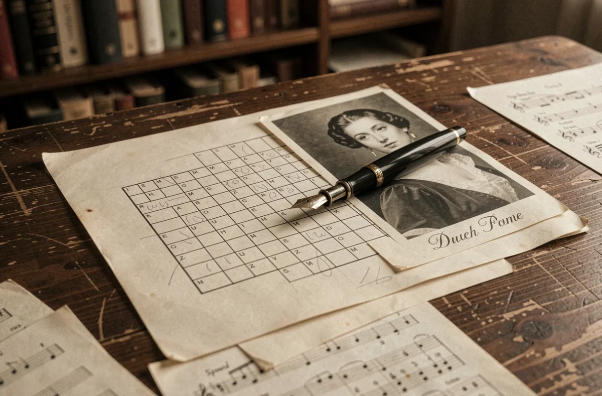 Grille de mots crois&eacute;s avec photo de cantatrice c&eacute;l&egrave;bre sur bureau en bois, erreurs fr&eacute;quentes &agrave; &eacute;viter