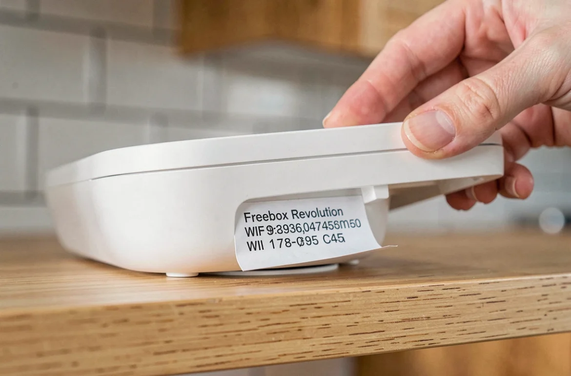 Gros plan sur l'étiquette du mot de passe WiFi sous une Freebox Revolution