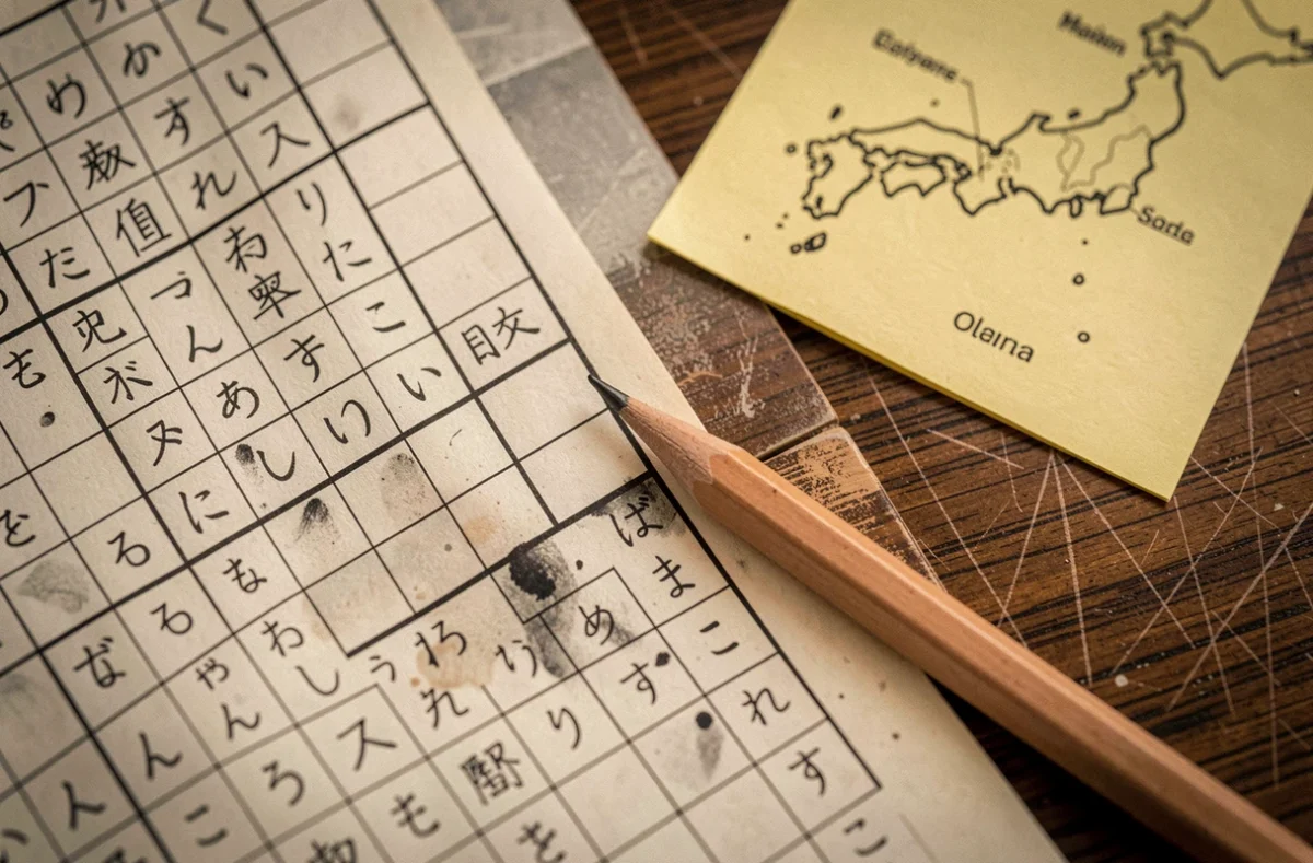 Gros plan sur une grille de mots croisés japonais avec annotations manuscrites et noms de ports