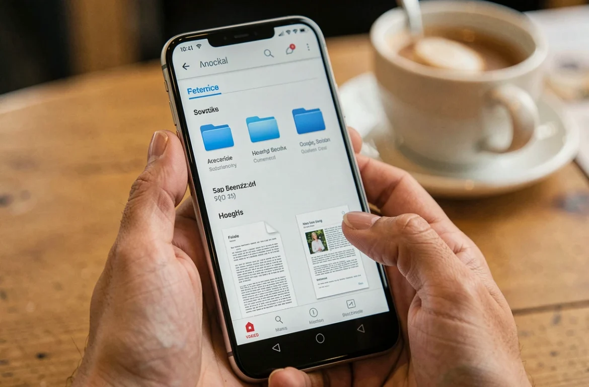 Gros plan de mains tenant un smartphone Android affichant une interface de lecteur PDF avec des dossiers organis&eacute;s
