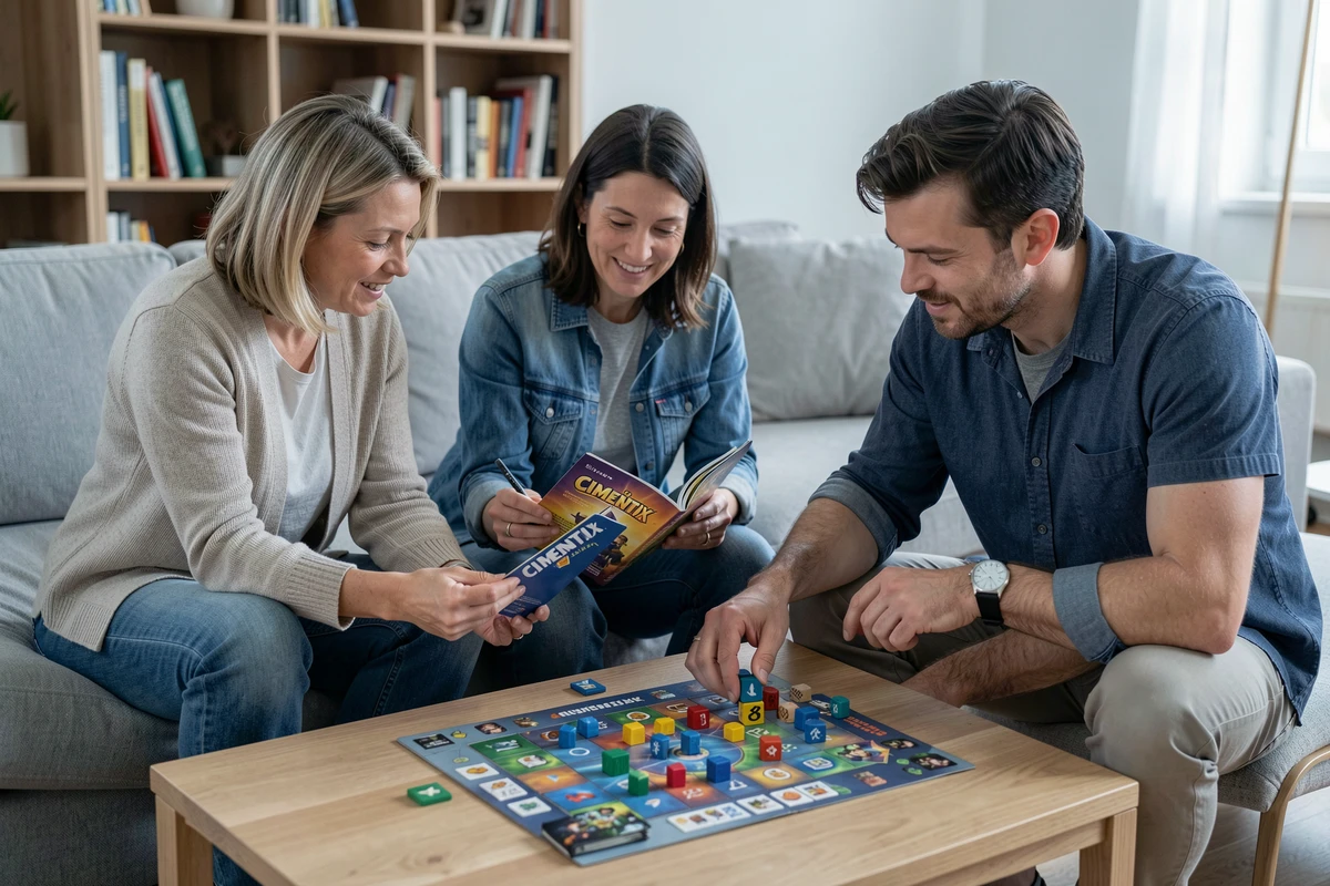 Groupe de trois adultes apprenant les bases du jeu Cimentix ensemble dans un salon moderne et chaleureux