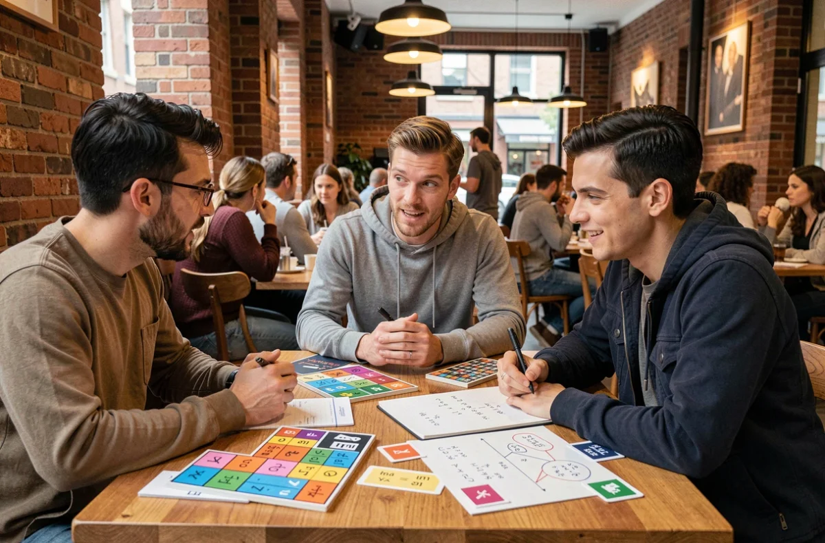Groupe d'adultes jouant ensemble &agrave; des &eacute;nigmes de logique autour d'une table de caf&eacute; avec des cartes et des notes