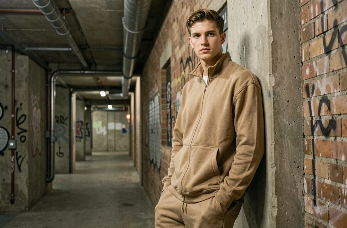 Grand rappeur en coulisses appuyé contre un mur en béton, tenue oversize en tons neutres accentuant sa silhouette élancée et son style urbain