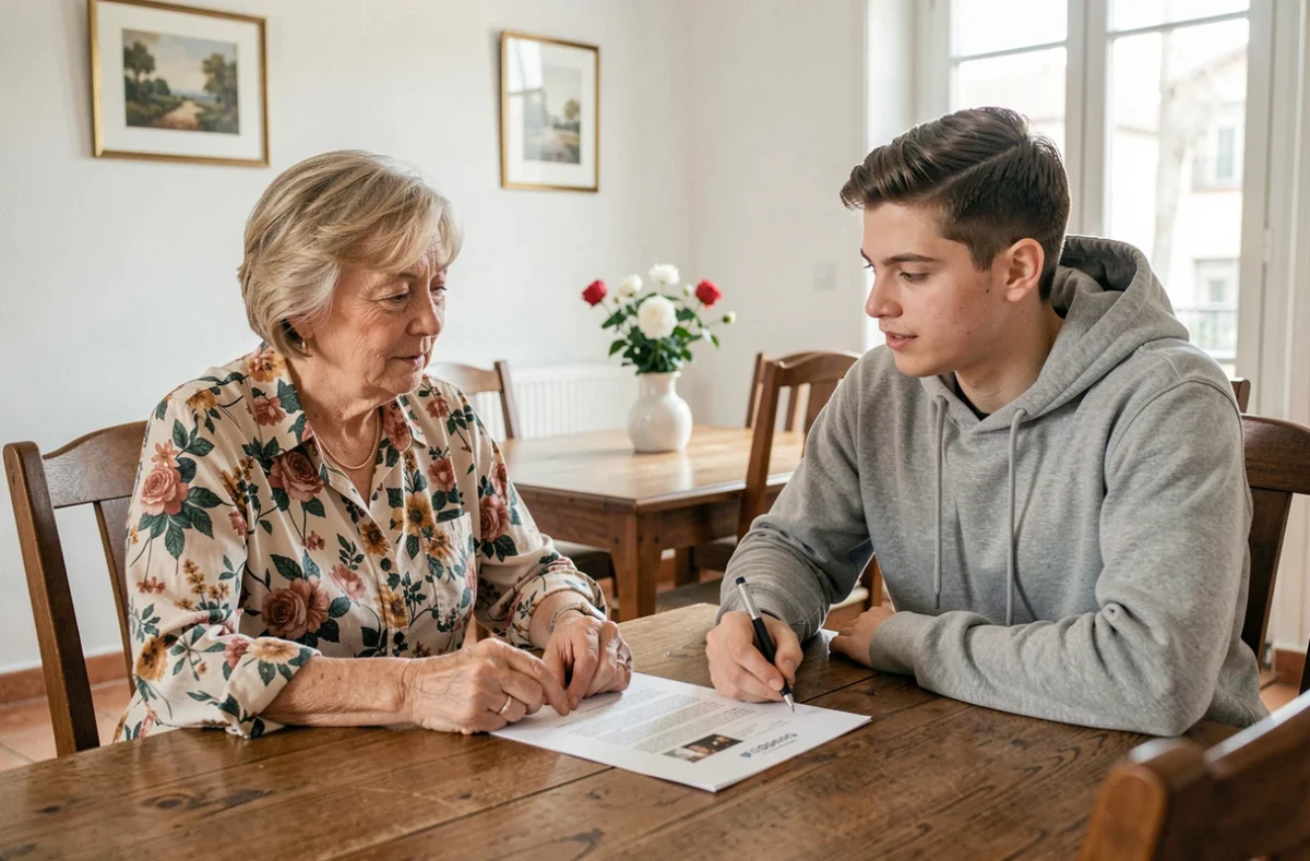 Une femme et un jeune &eacute;tudiant discutant ensemble d'une lettre attestation d'h&eacute;bergement &agrave; la table du salon