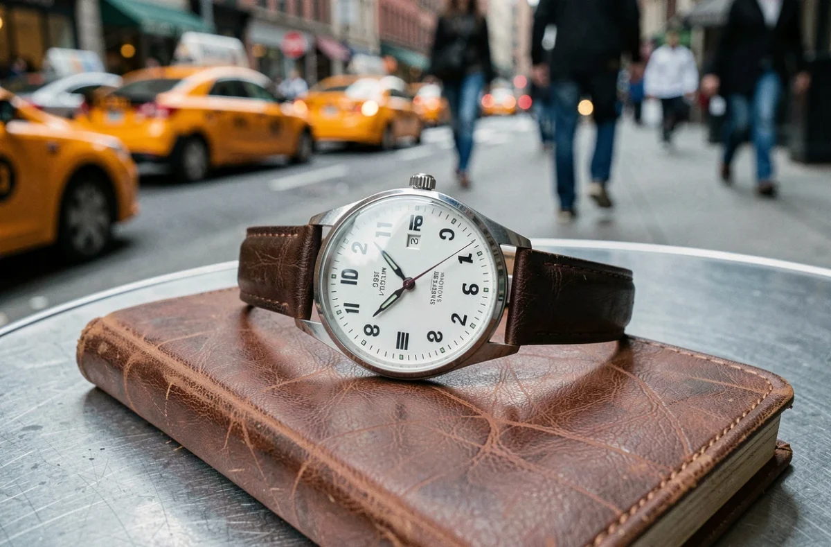 Gros plan d'une montre analogique indiquant l'heure exacte de New York pos&eacute;e sur un carnet en cuir, avec rue new-yorkaise floue en arri&egrave;re-plan