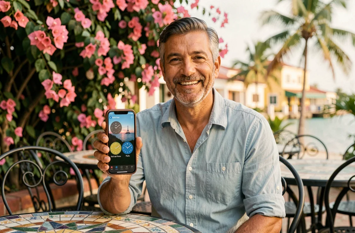 Homme en Martinique consultant les fuseaux horaires Fort-de-France et Paris sur son smartphone dans un café en terrasse