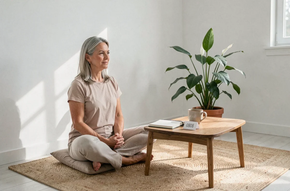 Femme en m&eacute;ditation dans un coin minimaliste avec un carnet et une carte num&eacute;rot&eacute;e 0808 symbolisant la num&eacute;rologie de l'heure miroir