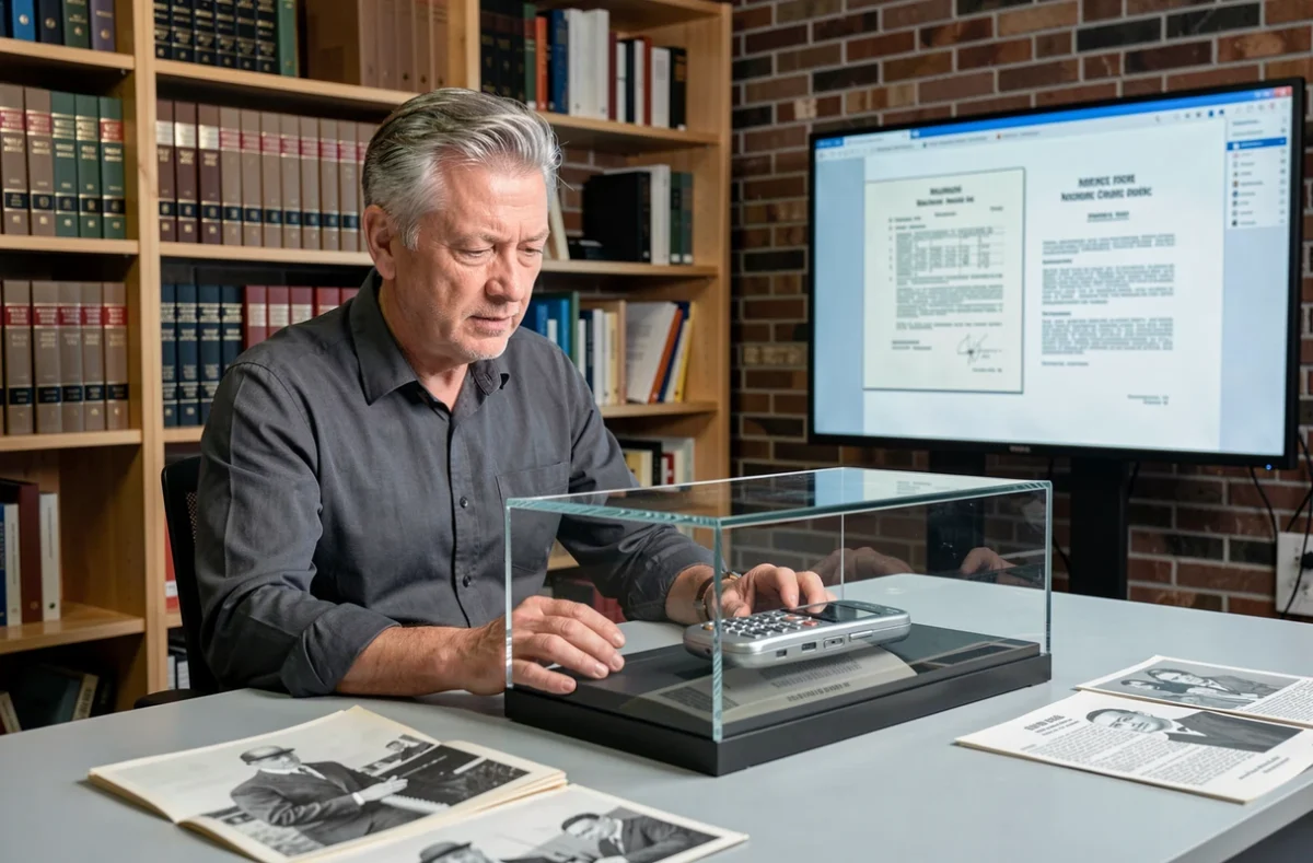 Historien examinant un prototype de t&eacute;l&eacute;phone portable dans une vitrine de mus&eacute;e entour&eacute; de photographies d'archives, retra&ccedil;ant l'histoire de l'invention du t&eacute;l&eacute;phone mobile