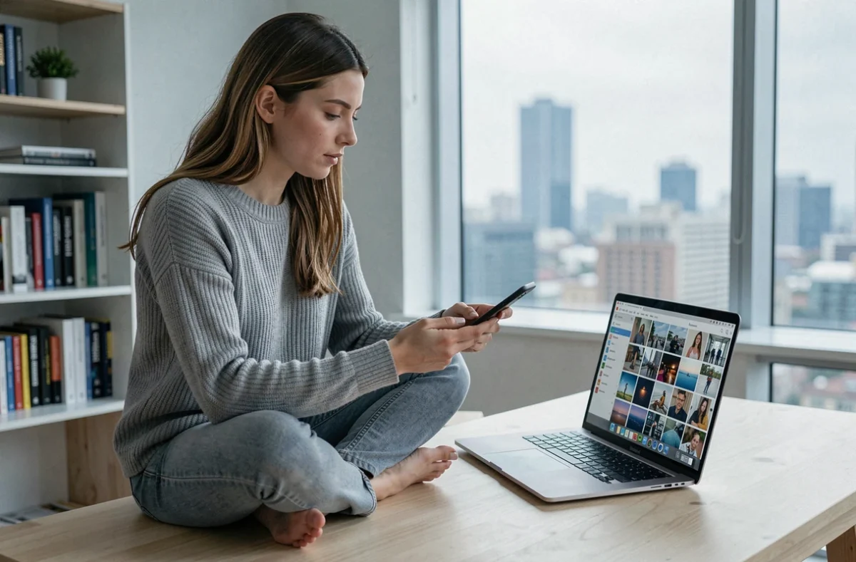 Jeune femme analysant l'historique des smartphones sur un ordinateur portable dans un bureau minimaliste à domicile