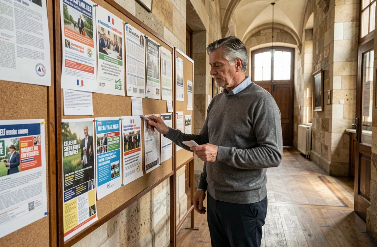 Homme adulte analysant des affiches politiques r&eacute;publicaines dans le hall d'une mairie fran&ccedil;aise
