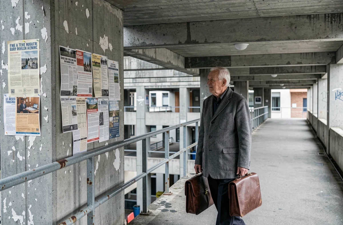 Homme &acirc;g&eacute; marchant seul sous une dalle pi&eacute;tonne en b&eacute;ton au quartier du Mirail &agrave; Toulouse, atmosph&egrave;re documentaire