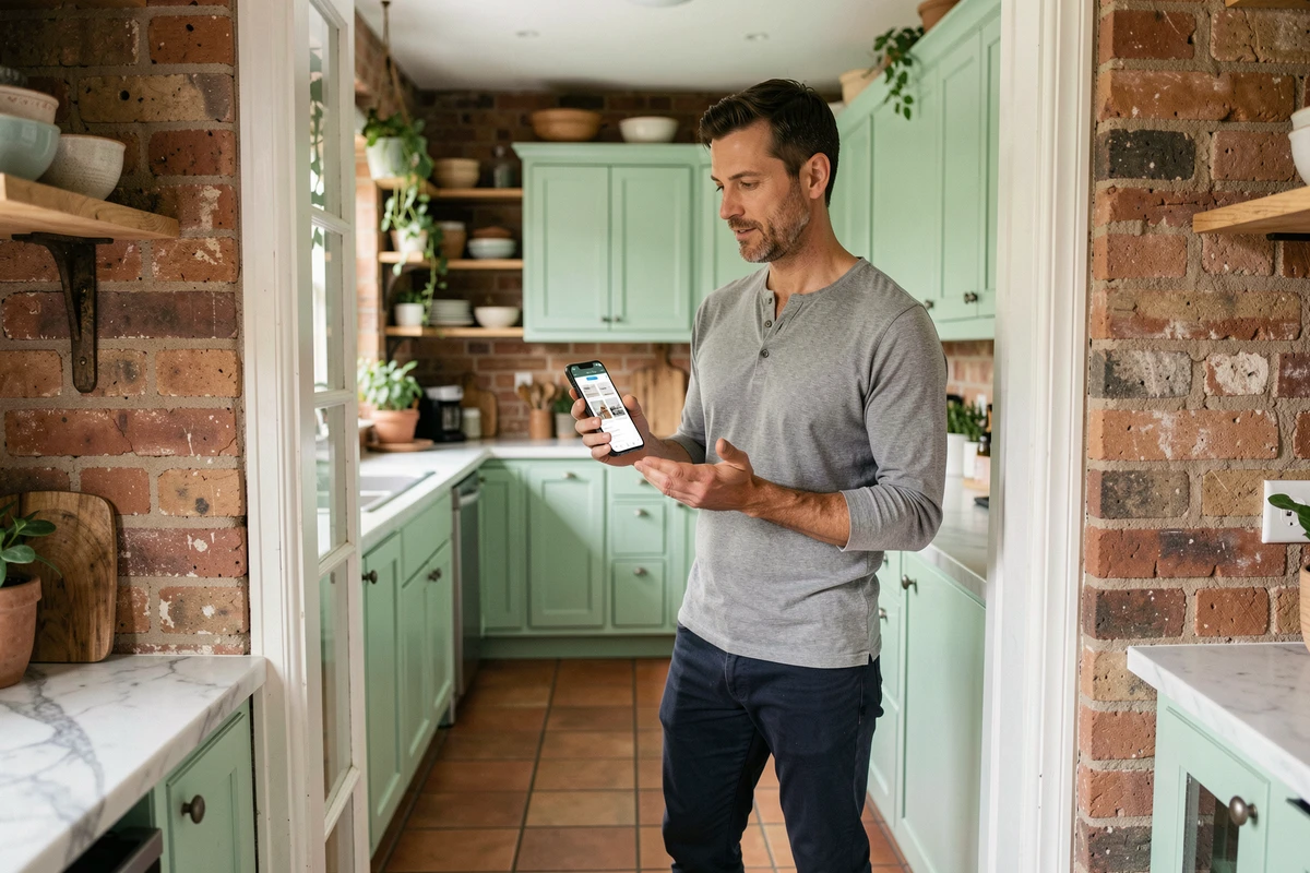 Homme comparant les suggestions d'une application déco sur smartphone avec les nouvelles couleurs de sa cuisine rénovée aux tons terracotta et vert menthe