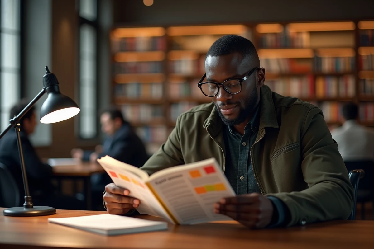 Homme lisant un guide de naturalisation française dans une bibliothèque publique entouré de livres