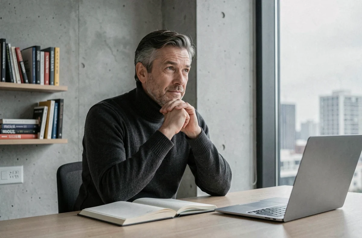 Homme en pull col roulé assis dans un bureau minimaliste, regard méditatif, représentant la réflexion personnelle et la reconstruction après un scandale médiatique