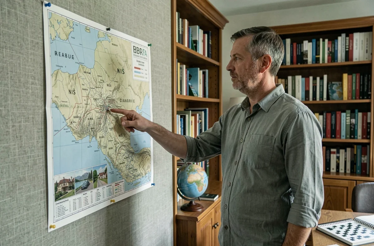 Homme pointant la ville de Ni&scaron; sur une carte illustr&eacute;e de la Serbie dans un bureau de g&eacute;ographie