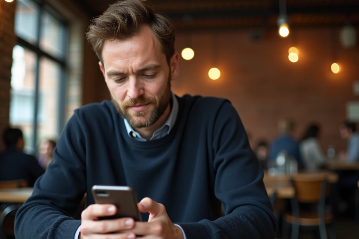 Homme utilisant son smartphone pour comparer des plateformes en ligne dans un café urbain