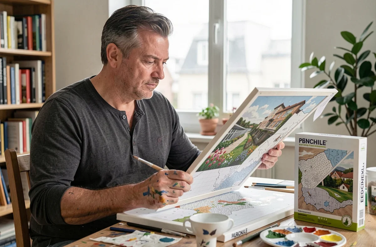 Homme comparant une toile peinture par num&eacute;ros termin&eacute;e avec le mod&egrave;le de r&eacute;f&eacute;rence, &eacute;valuant le rendu final de son &oelig;uvre