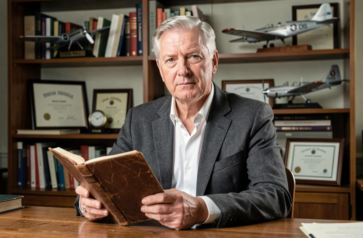 Homme distingué en costume gris assis dans un bureau avec des souvenirs d'aviation et un carnet de vol