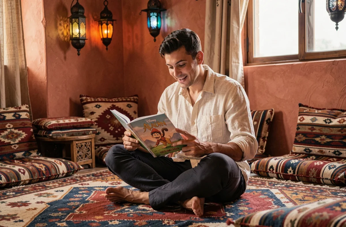 Jeune homme feuilletant un livre illustré d'Aladdin Disney montrant le personnage Abu dans un salon décoré de style marocain