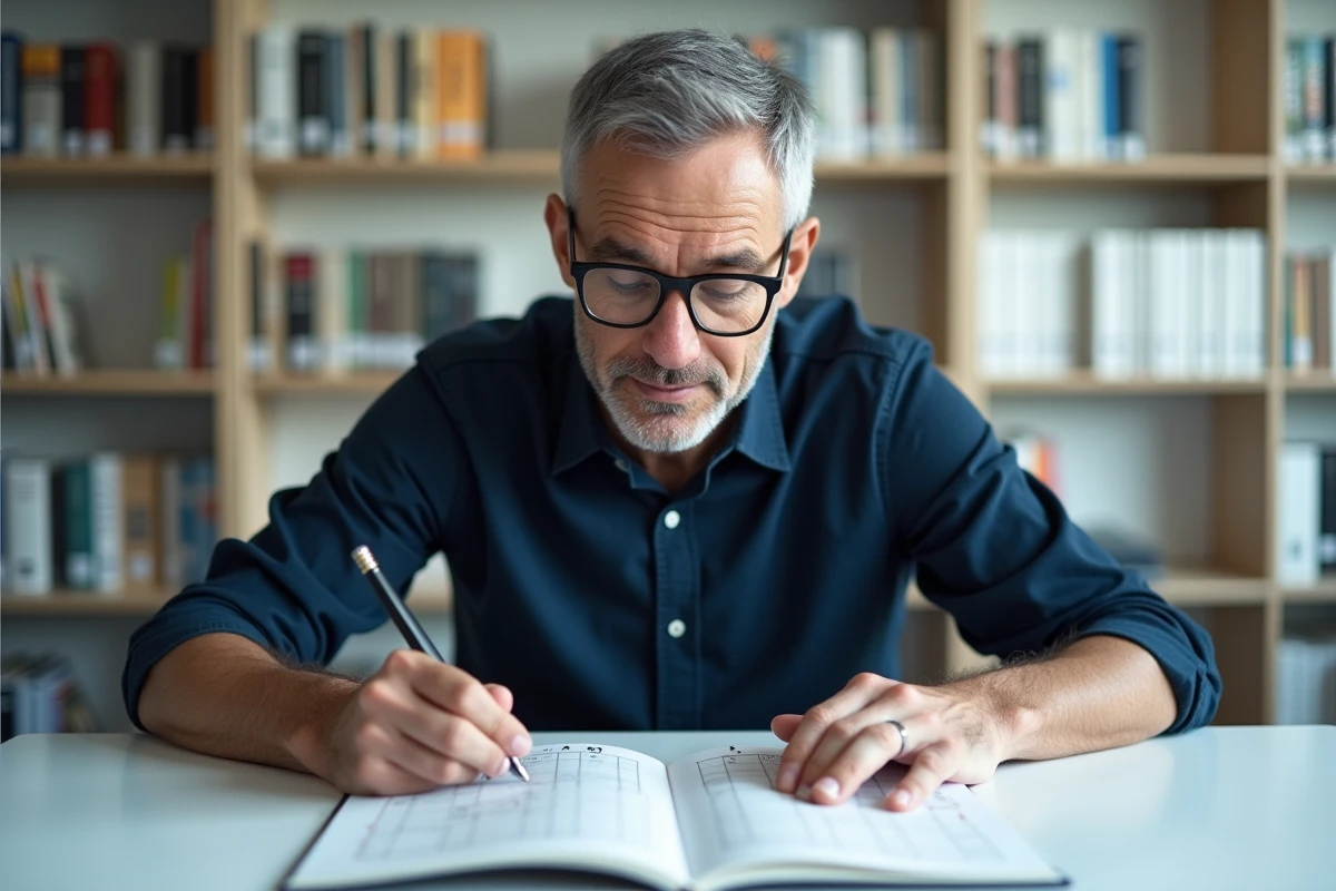 Homme avec lunettes analysant un sudoku difficile dans une bibliothèque moderne aux tons épurés