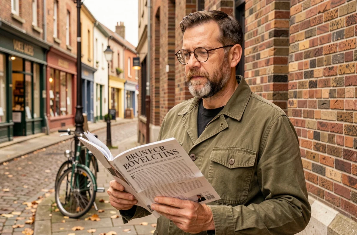 Homme tenant un magazine imprimé indépendant dans une rue de ville de province française en automne