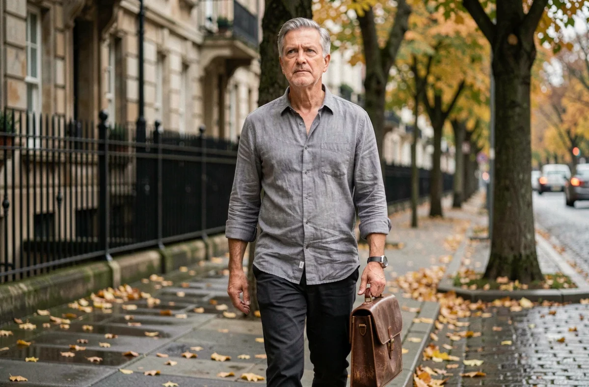 Homme aux tempes grisonnantes marchant seul sur un trottoir parisien en automne, mallette en cuir à la main, symbolisant une vie reconstruite après une controverse