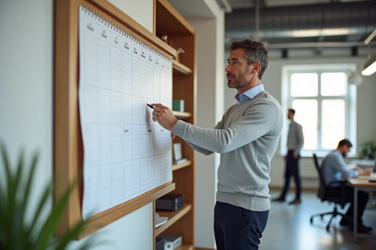 Homme en pull gris examinant un planning mensuel imprimé accroché sur un tableau en liège dans un espace de coworking