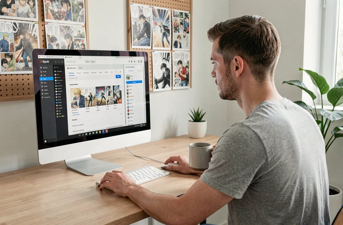 Jeune homme naviguant sur une plateforme de suivi manga depuis un bureau minimaliste avec écran large et accessoires de bureau