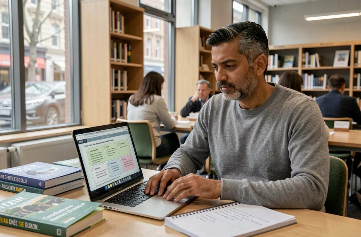 Homme d'origine sud-asiatique s'entraînant à un quiz de naturalisation sur ordinateur portable dans une bibliothèque publique française