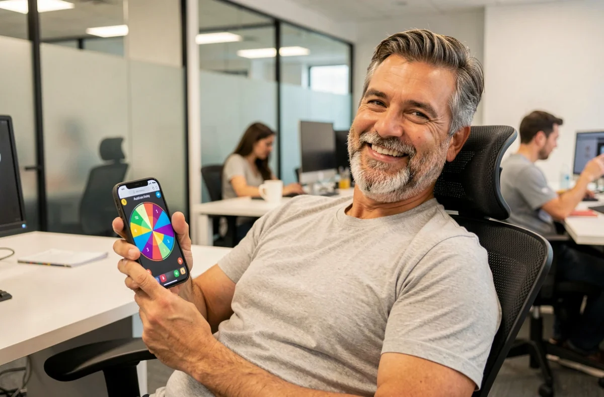 Homme en pause au bureau jouant à une roue de la chance sur son smartphone dans un open space moderne