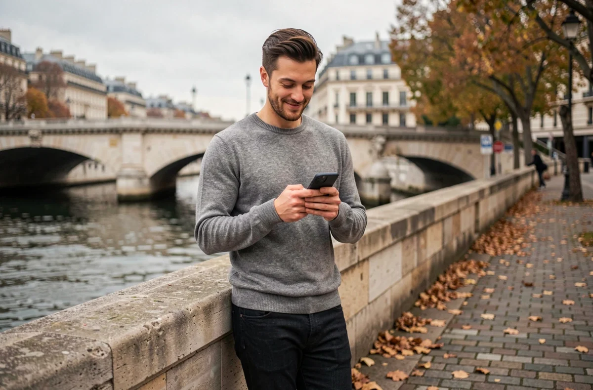 Homme utilisant un site de rencontre gratuit sans inscription sur son téléphone au bord de la Seine à Paris