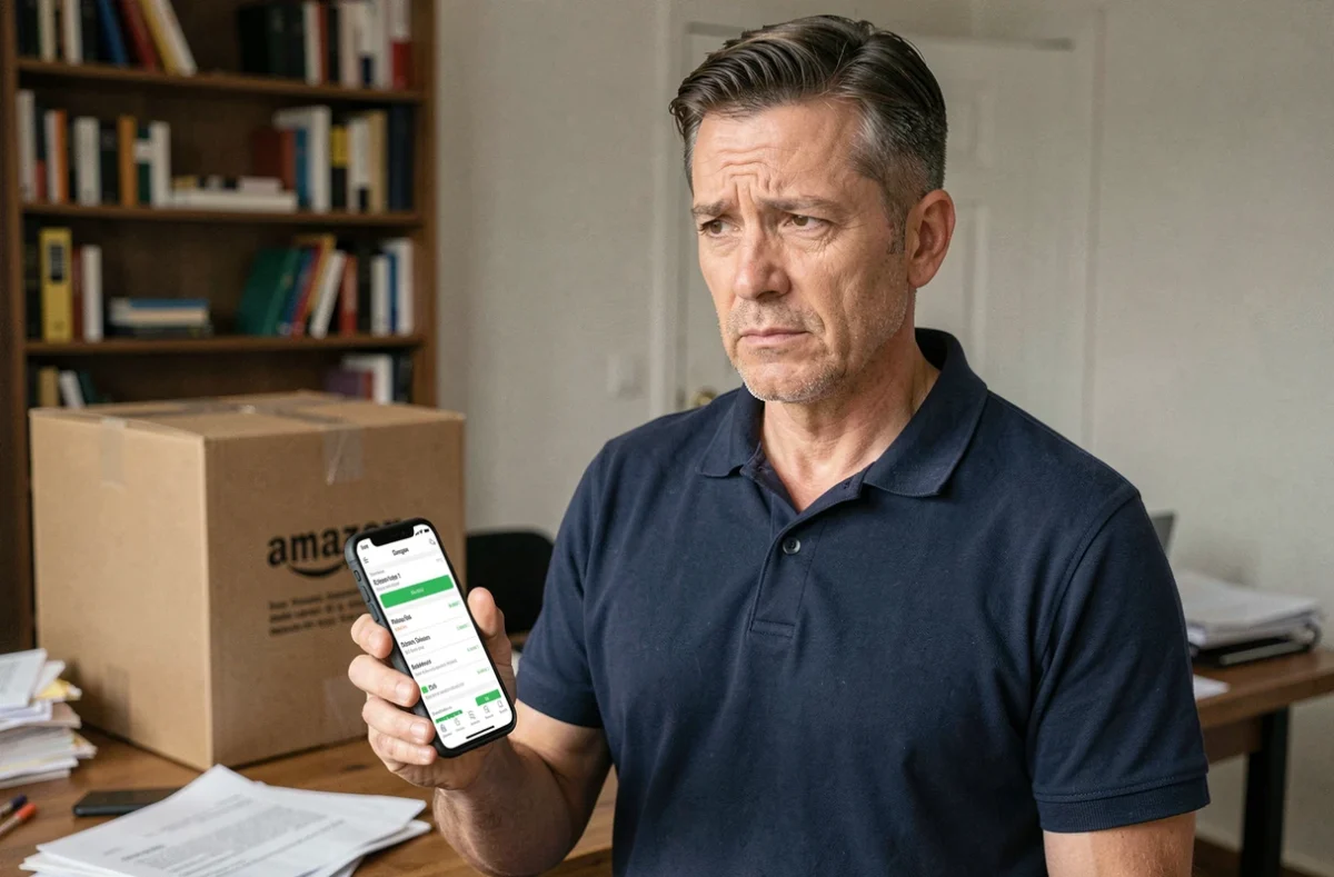 Homme vérifiant le statut d'un colis Amazon retourné sur son smartphone dans un bureau à domicile