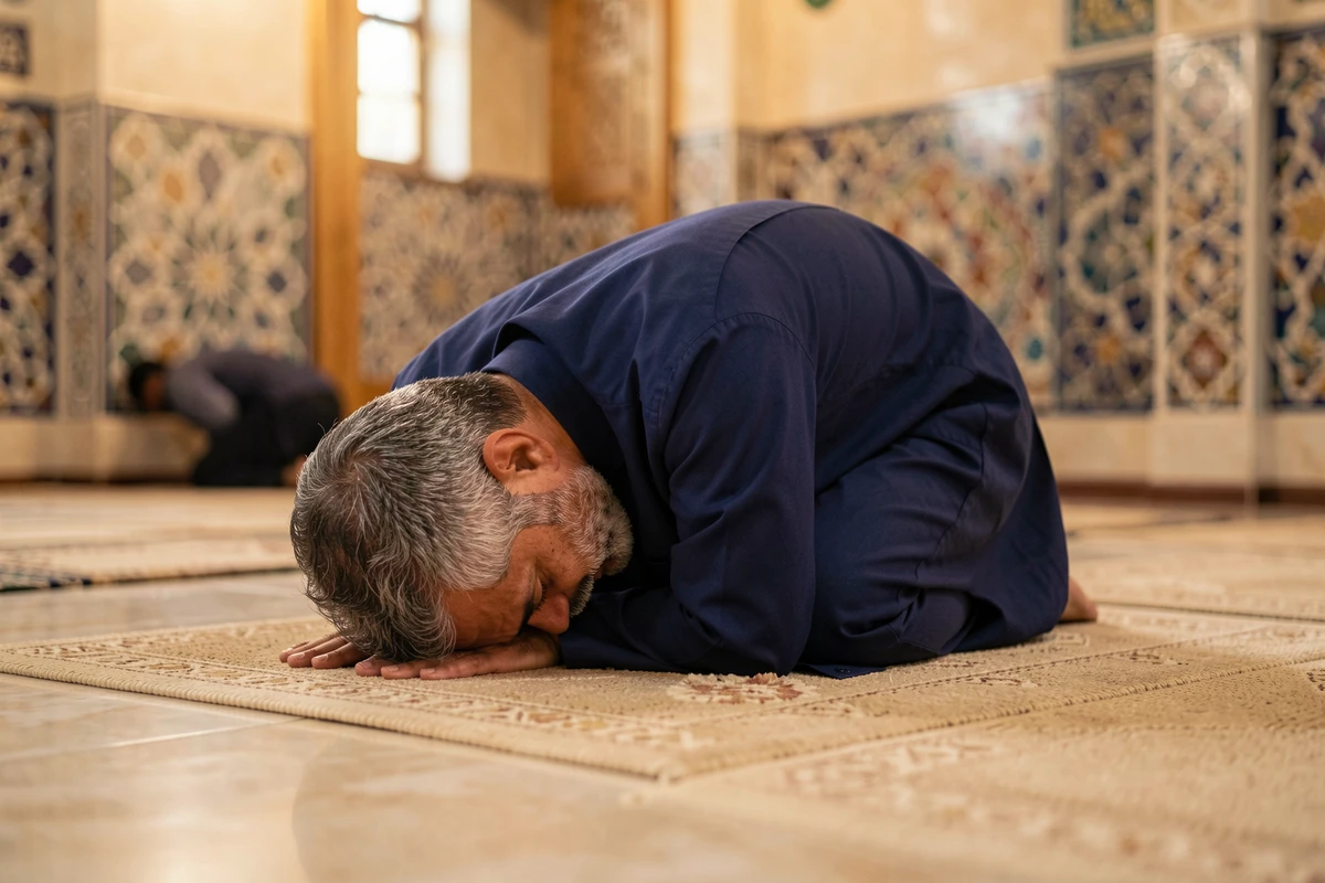 Homme en prosternation sujud sur un tapis de pri&egrave;re dans une mosqu&eacute;e lors d'un rakat de la pri&egrave;re Fajr