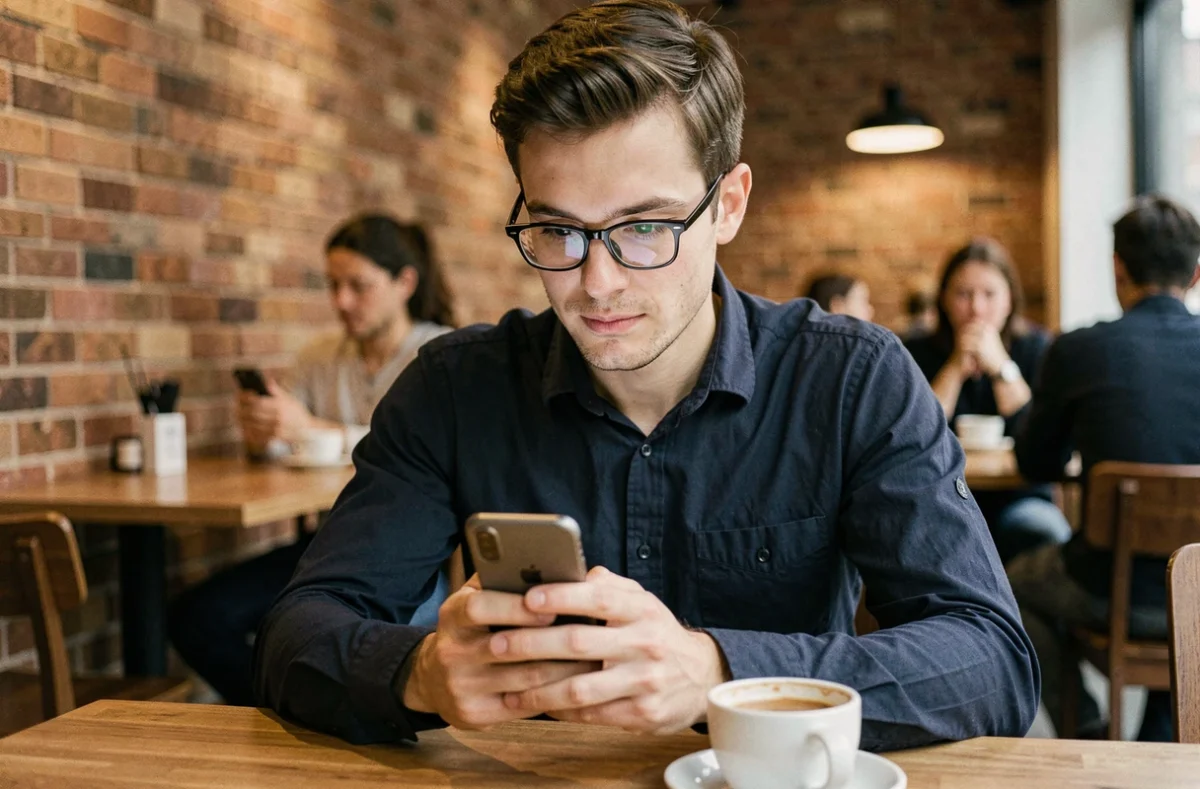 Homme utilisant une application de tchat sur smartphone dans un café urbain