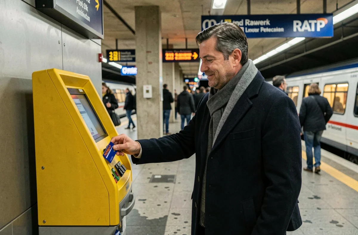 Homme validant son pass Navigo sur un terminal RATP dans une station RER parisienne