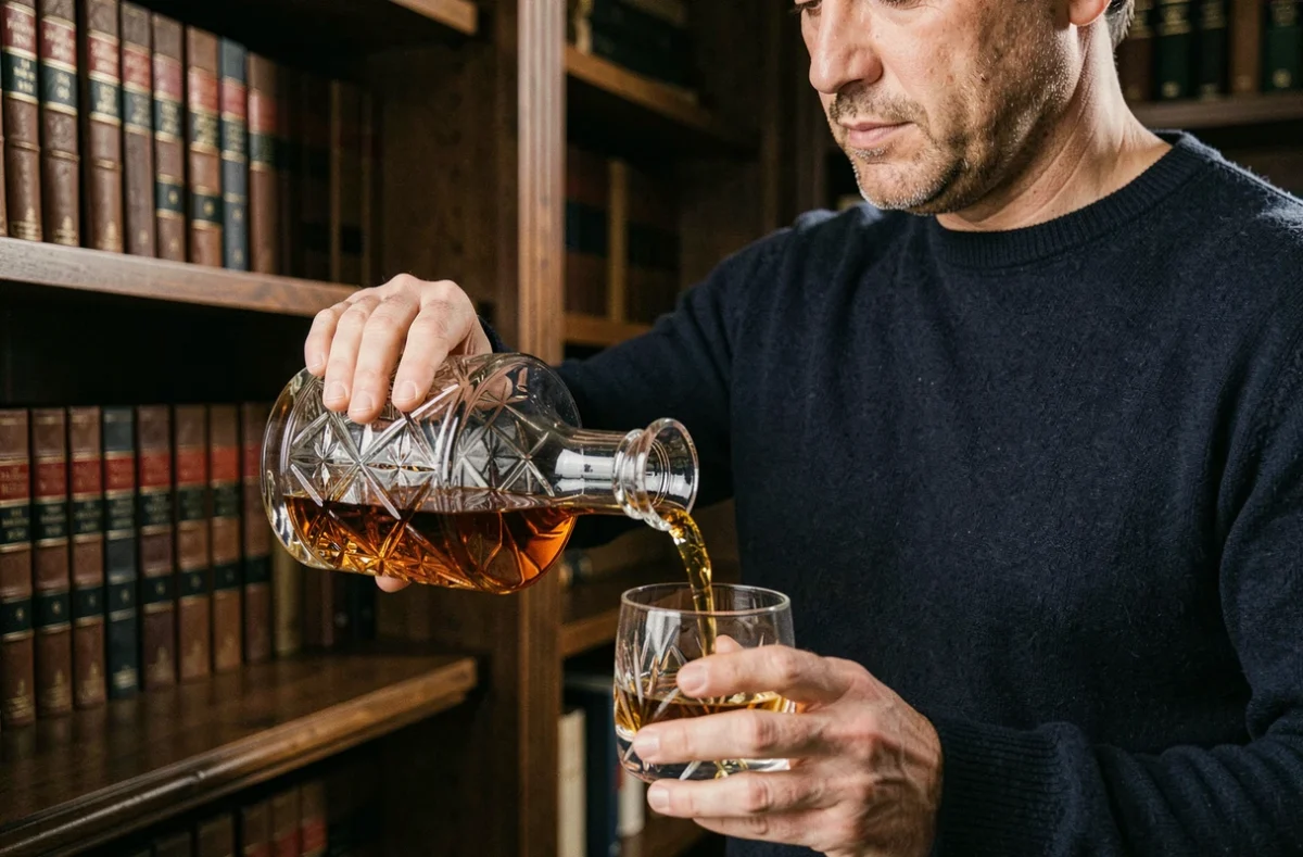 Homme versant du whisky depuis une carafe en cristal dans une bibliothèque à domicile avec étagères en bois sombre