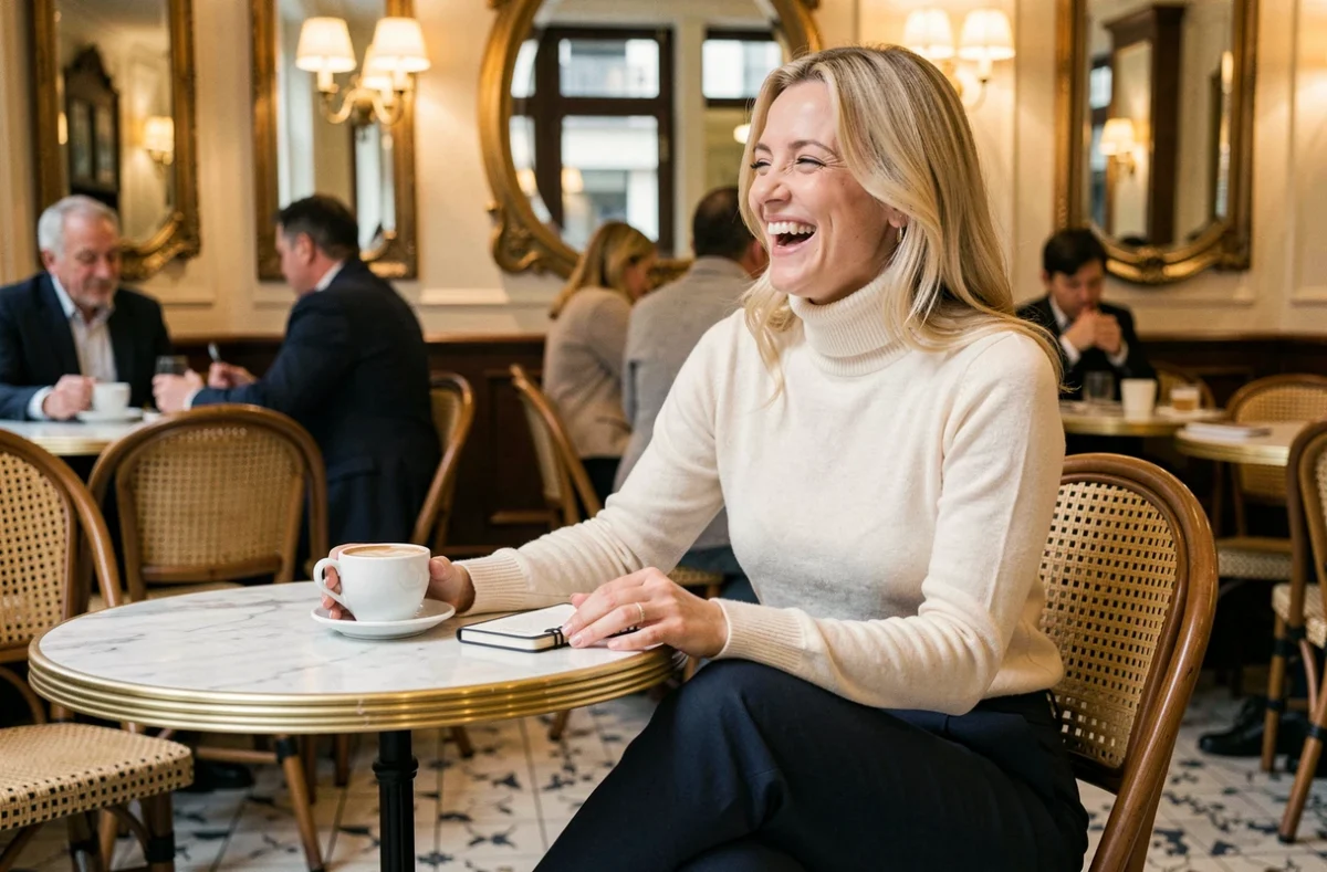 Femme humoriste blonde française riant dans un café parisien, ambiance brasserie authentique