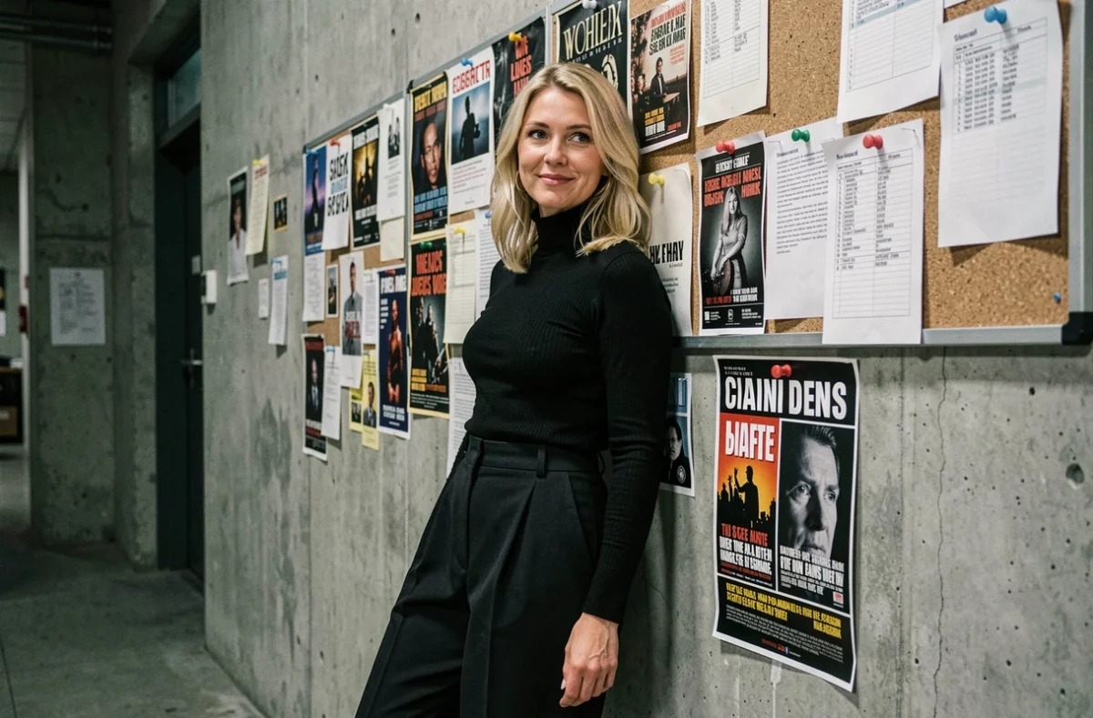 Humoriste blonde française en coulisses d'un théâtre, ambiance backstage décontractée et expressive