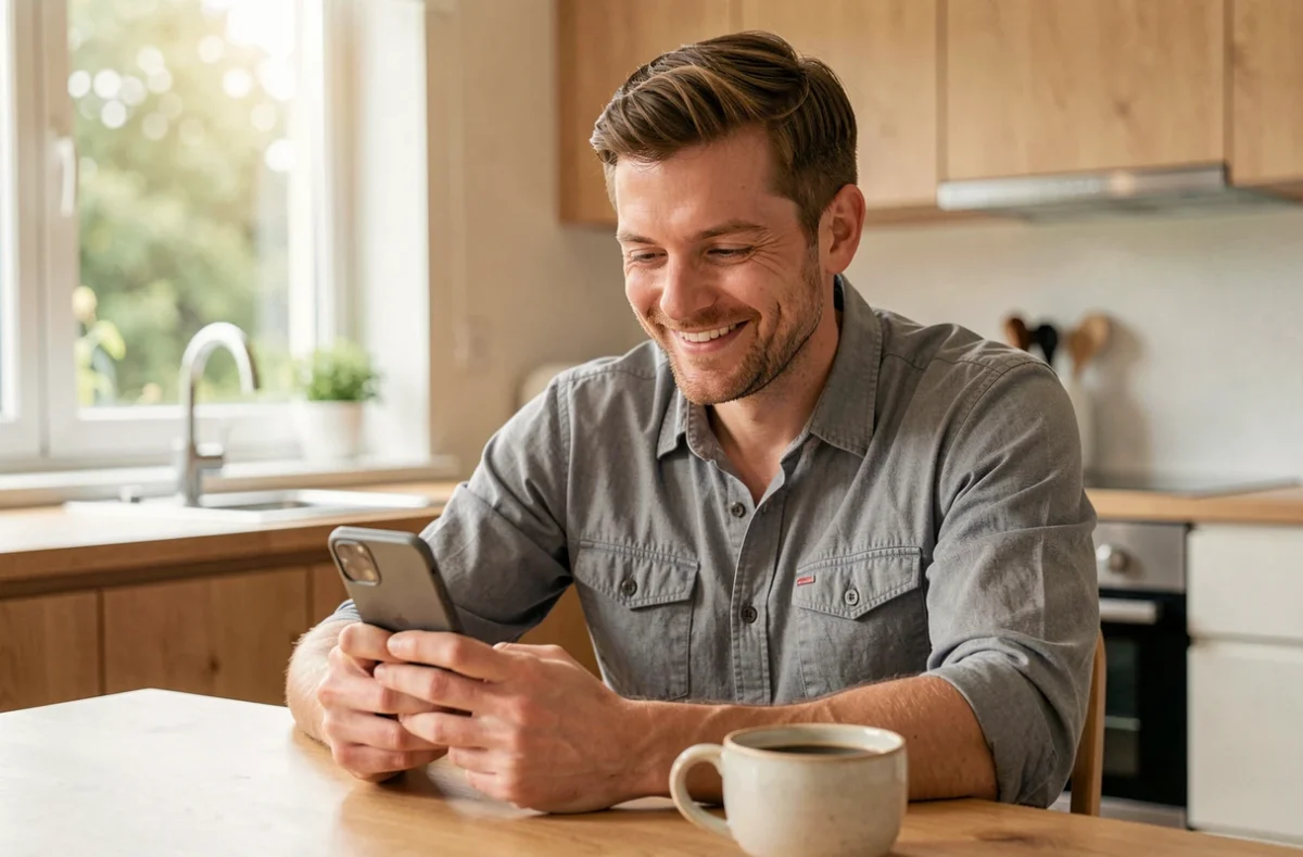 Homme souriant avec amusement calme devant son t&eacute;l&eacute;phone dans une cuisine matinale, illustrant l'humour et la d&eacute;rision face aux tentatives de manipulation