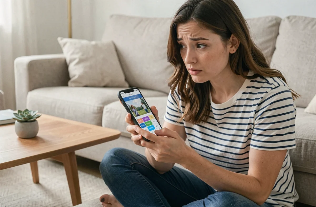 Une jeune femme identifie une image trompeuse sur son smartphone pour éviter le blocage sur un mot abstrait dans le jeu