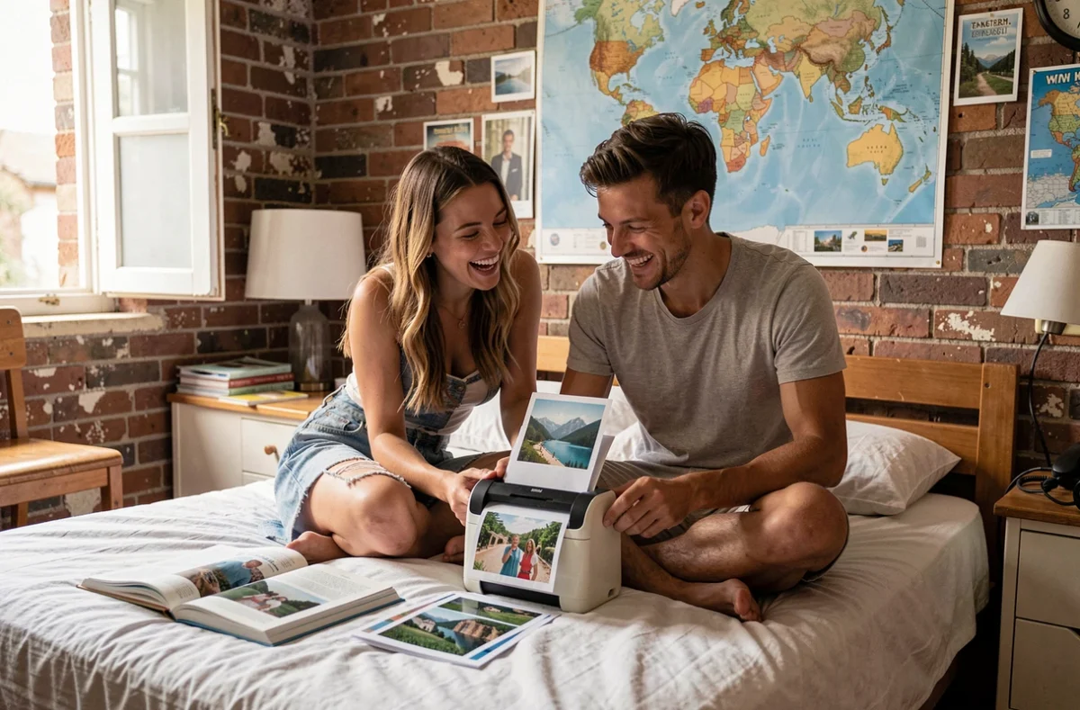 Deux amis voyageurs dans une chambre d'auberge de jeunesse imprimant des photos de voyage avec une petite imprimante photo portable pos&eacute;e sur le lit